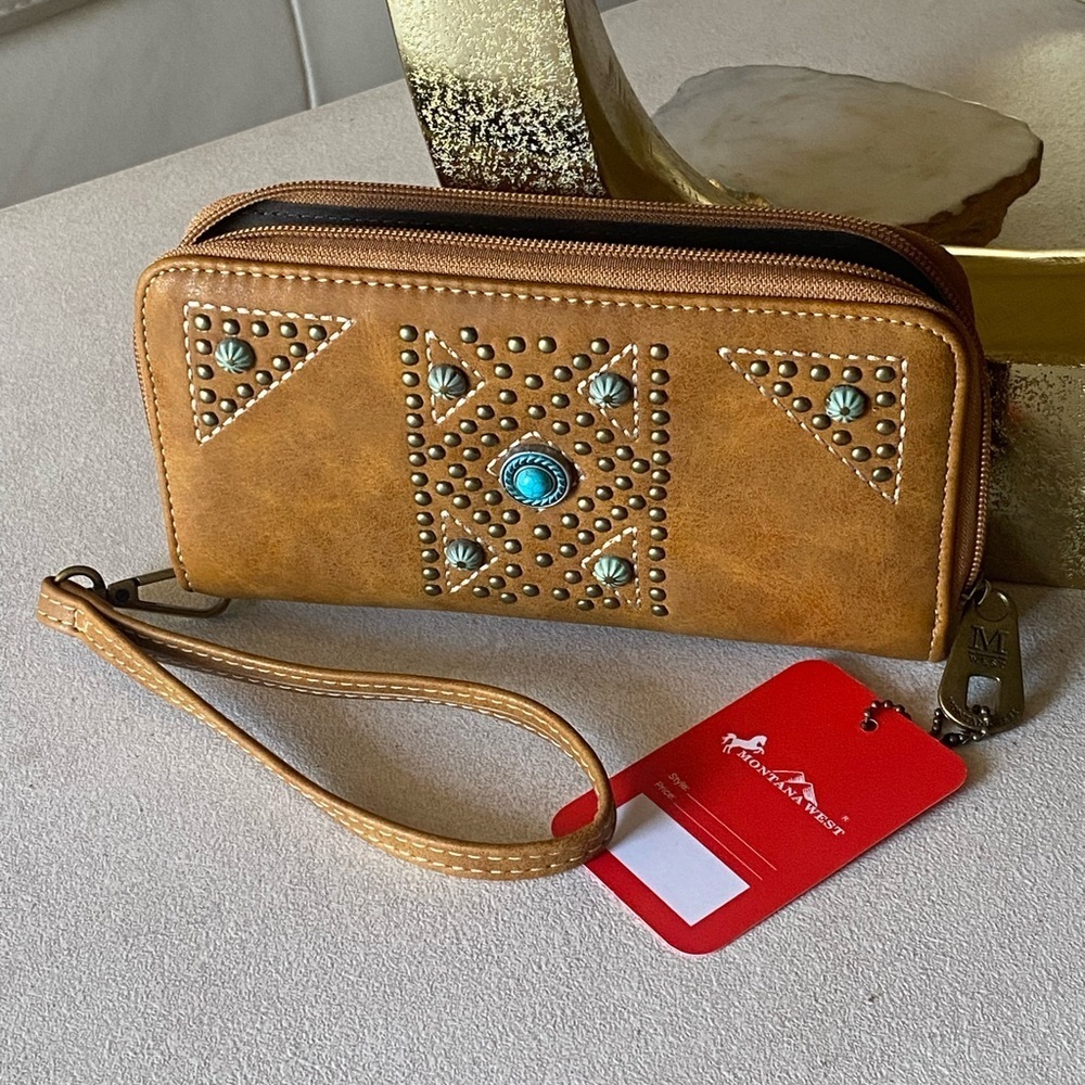 Montana West Tan and Brown Studded Wallet with Turquoise Accent